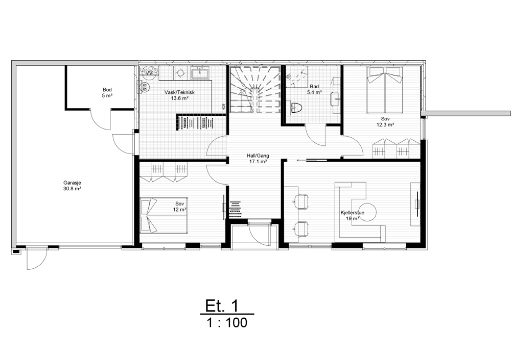 Plantegning av første etasje i Villa Hellesund