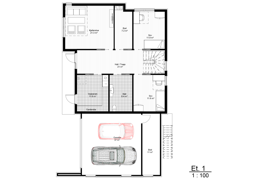Plantegning av første etasje i Villa Olsen