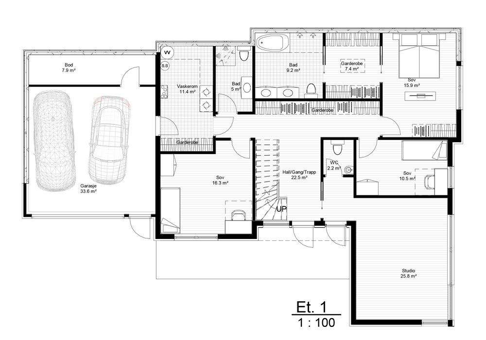 Plantegning av første etasje i Villa Widvey