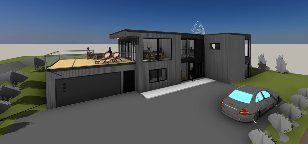Arkitektillustrasjon av Villa Widvey sett fra inngangssiden