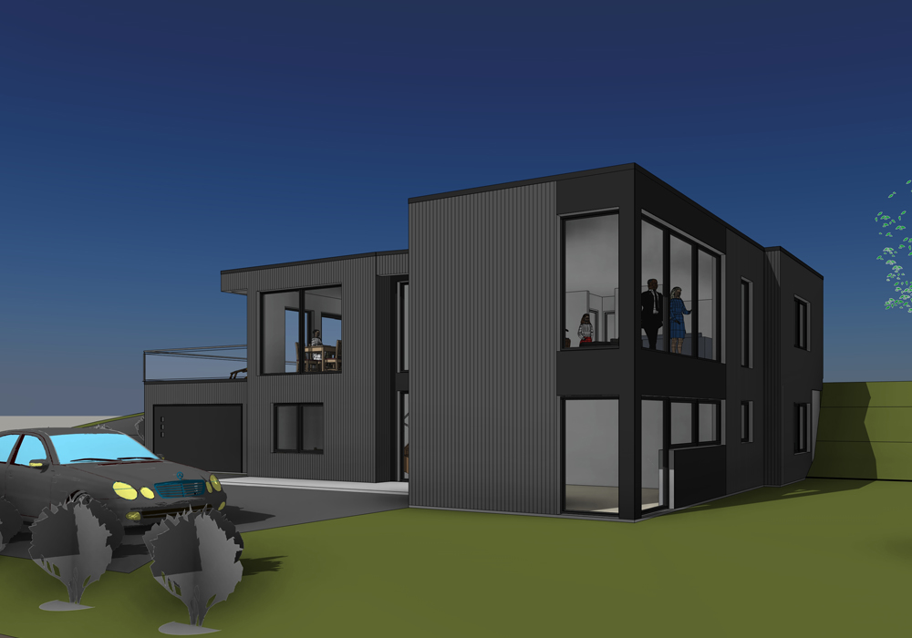 Arkitektillustrasjon av Villa Widvey med store vindusfelt