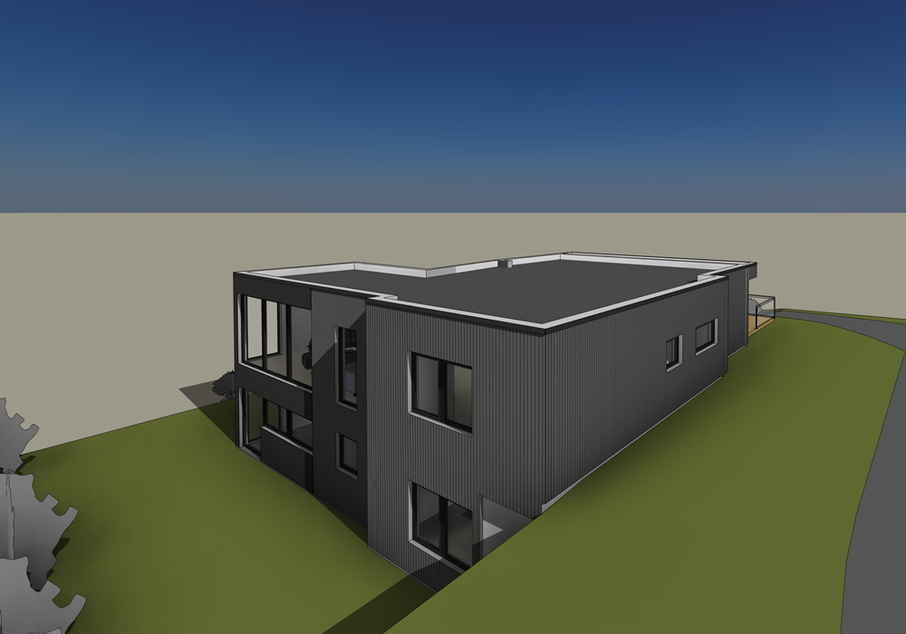 Arkitekturillustrasjon av et vinkelhus sett ovenfra