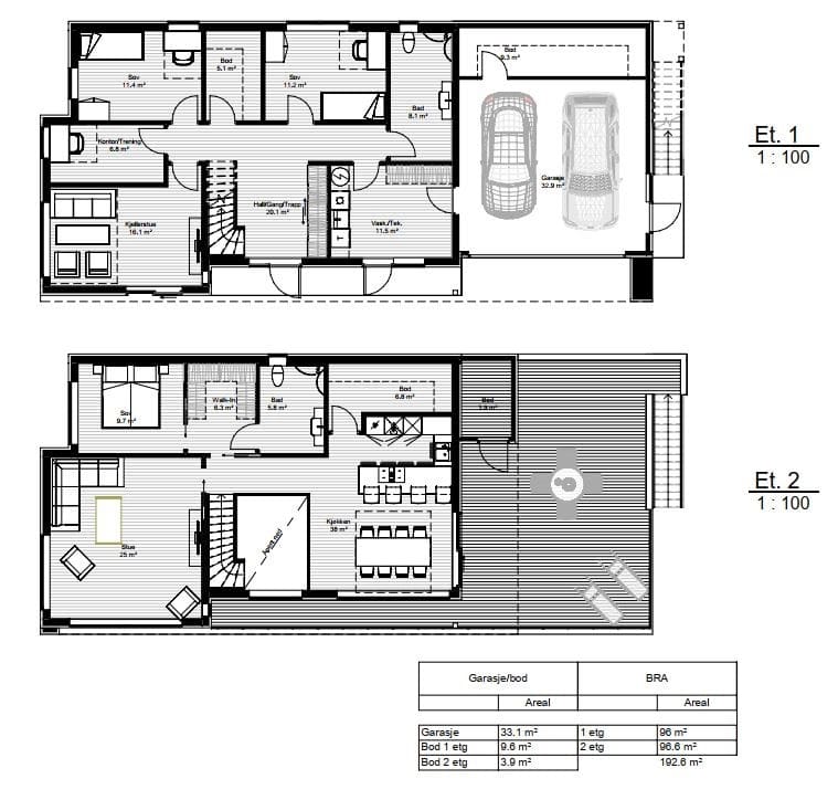 Plantegninger av begge etasjene i Villa Bøe