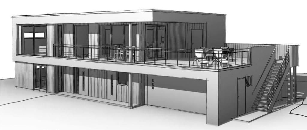 Arkitektillustrasjon av Villa Bøe med stor terrasse