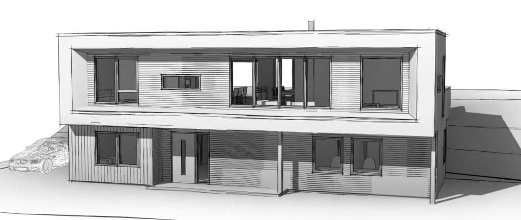 Arkitektillustrasjon av frontfasaden på Villa Husebø